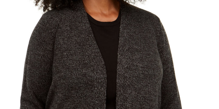 Karen Scott Women's Plus Patterned-Border Cardigan Sweater Black Size 0X-Large