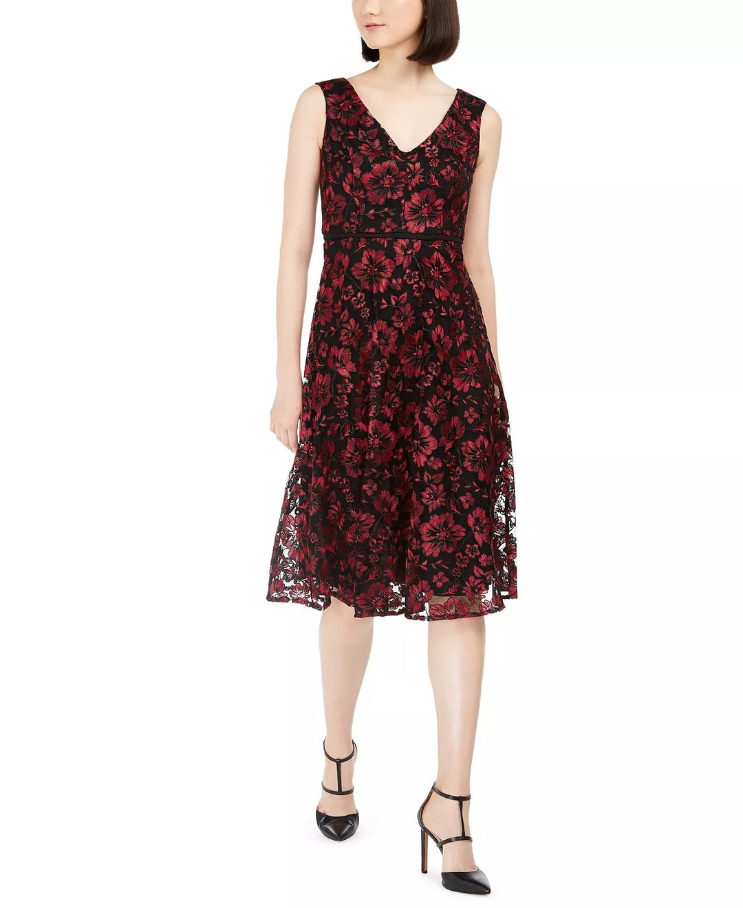 Taylor Women's Floral-Embroidered Midi Dress Red Size 8