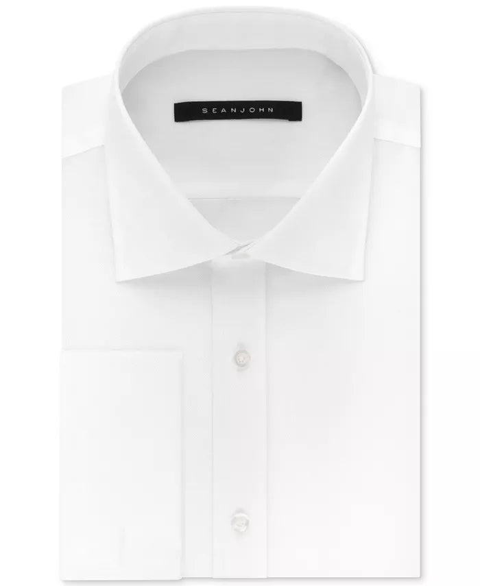 Sean John Men's Classic/Regular Fit White Solid French Cuff Cotton Dress Shirt White Size 17-36/37