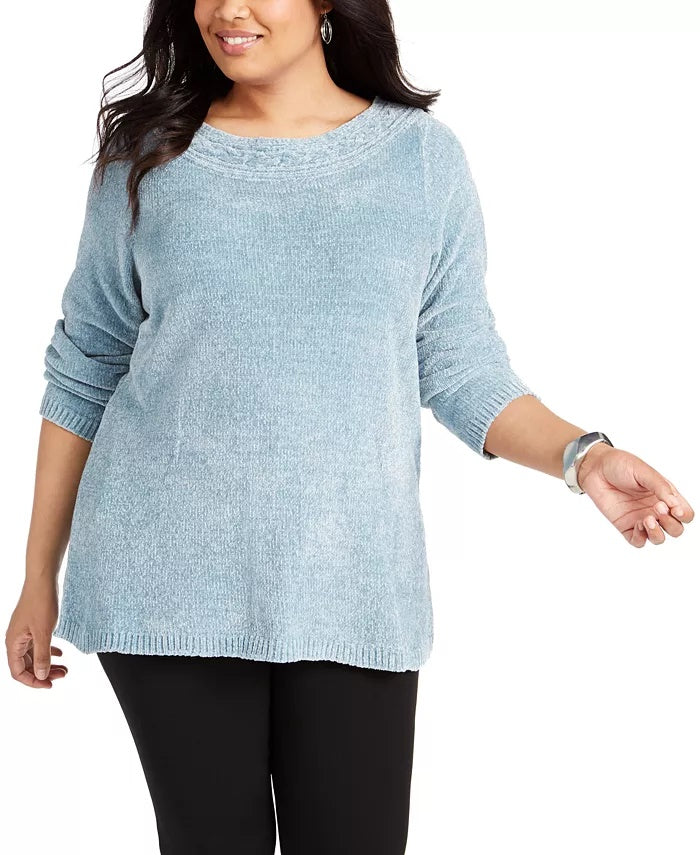 Karen Scott Women's Plus Boat Neck Chenille Sweater Blue Size 2X
