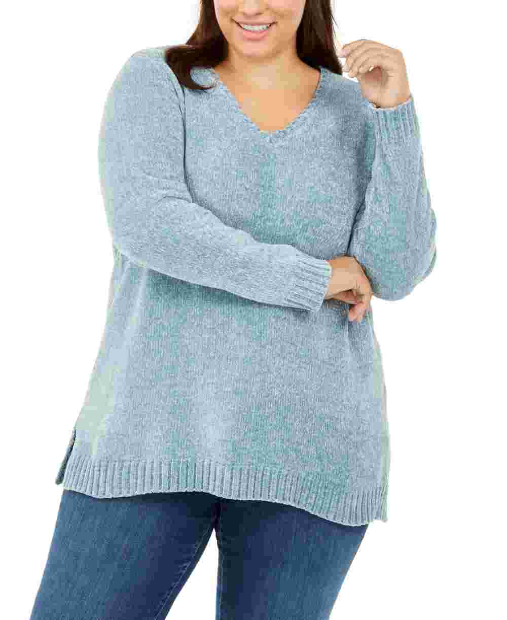 Karen Scott Women's Plus V Neck Chenille Sweater Blue Size 2X