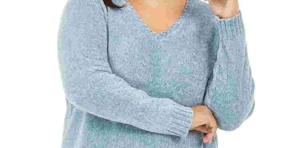 Karen Scott Women's Plus V Neck Chenille Sweater Blue Size 2X
