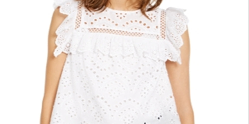 INC International Concepts Women's Eyelet Flutter Sleeve Top White Size Medium