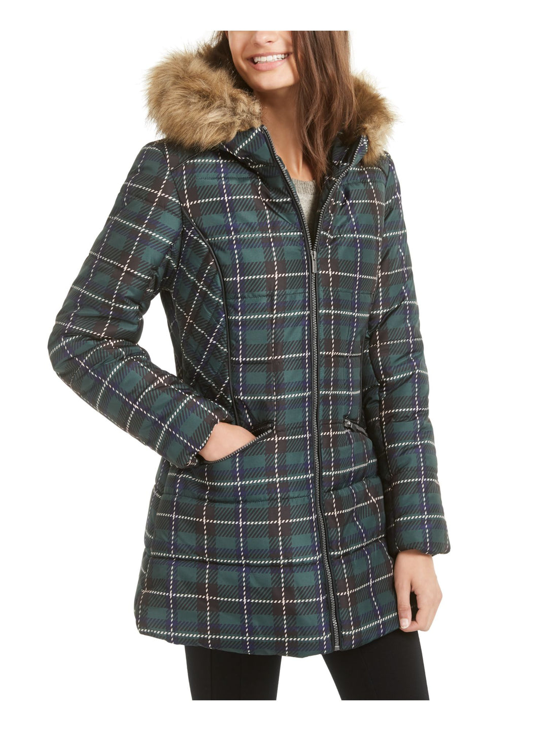 Celebrity Pink Women's Faux Fur Plaid Puffer Coat Green