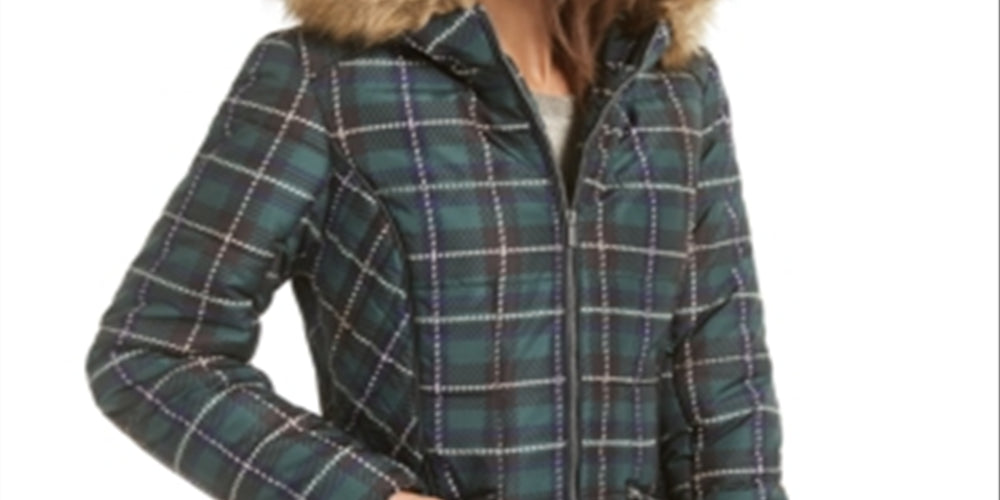 Celebrity Pink Women's Faux Fur Plaid Puffer Coat Green