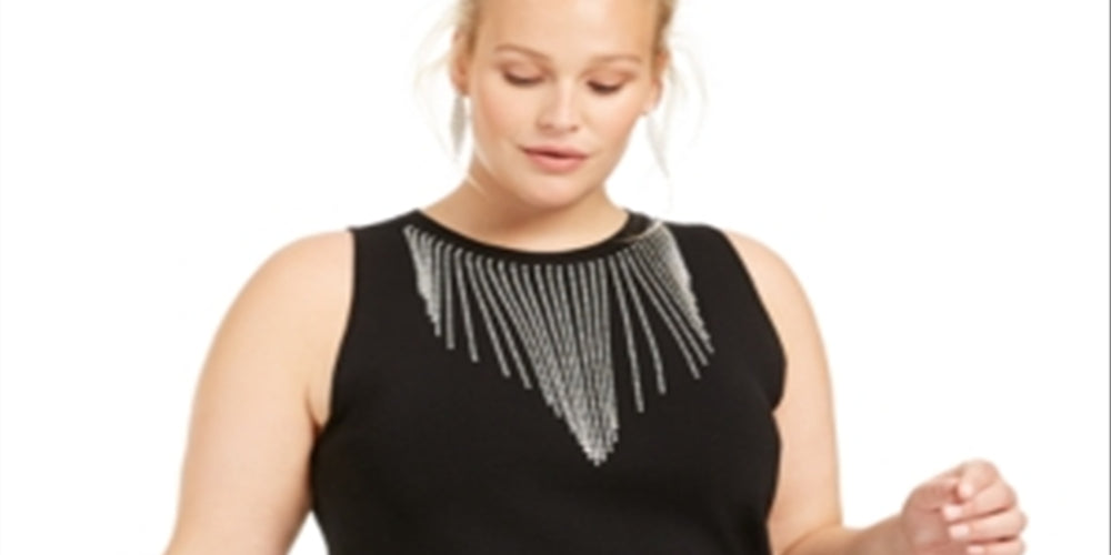 INC International Concepts Women's Plus Rhinestone Fringe Tank Black Size 0X