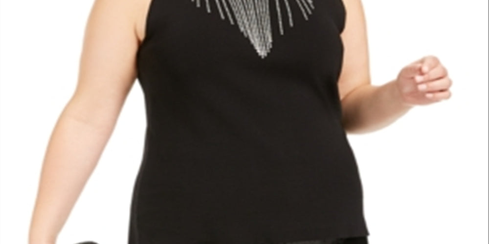 INC International Concepts Women's Plus Rhinestone Fringe Tank Black Size 0X