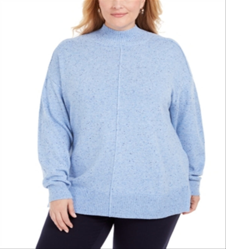 Karen Scott Women's Plus Mock Turtleneck Sweater Ribbed Trim Speckled Blue Size 1X