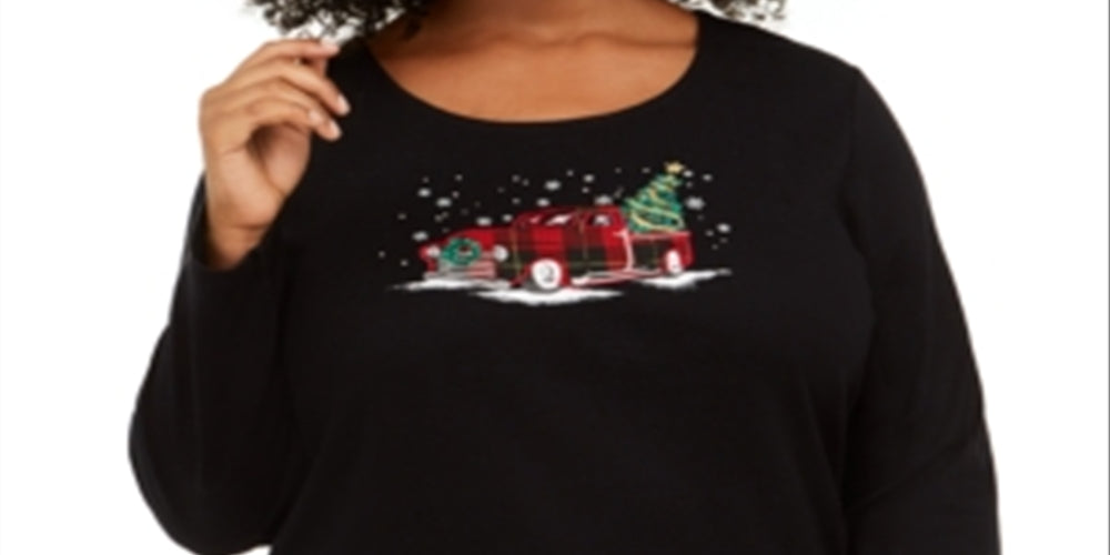 Karen Scott Women's Plus Size Holiday Truck Cotton Top Deep Black  Size 1X