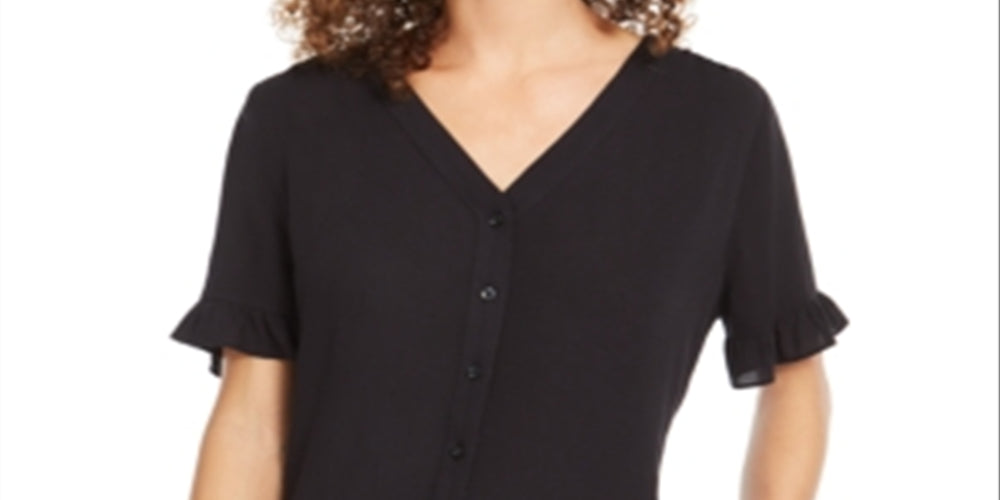 Maison Jules Women's Ruffled V Neck Top Black Size Medium