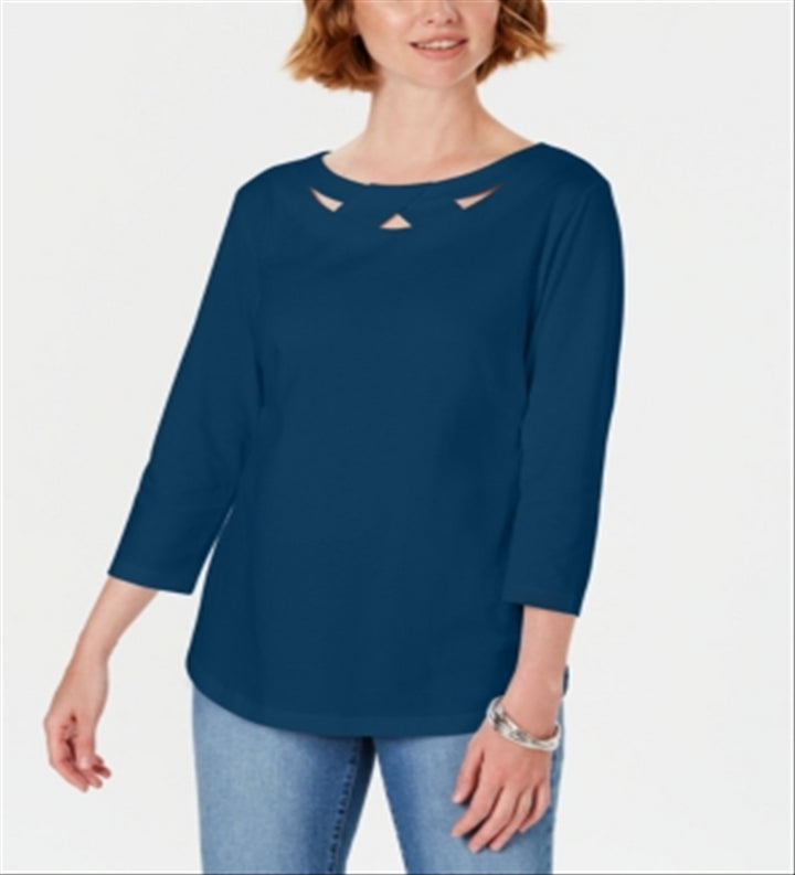 Karen Scott Women's Three Quarter Sleeve Cutout Top Blue Size X-Small