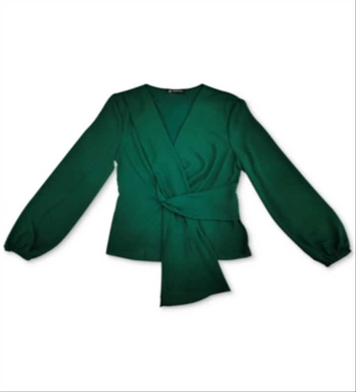 INC International Concepts Women's Tie Solid Long Sleeve V Neck Top Green Size Small