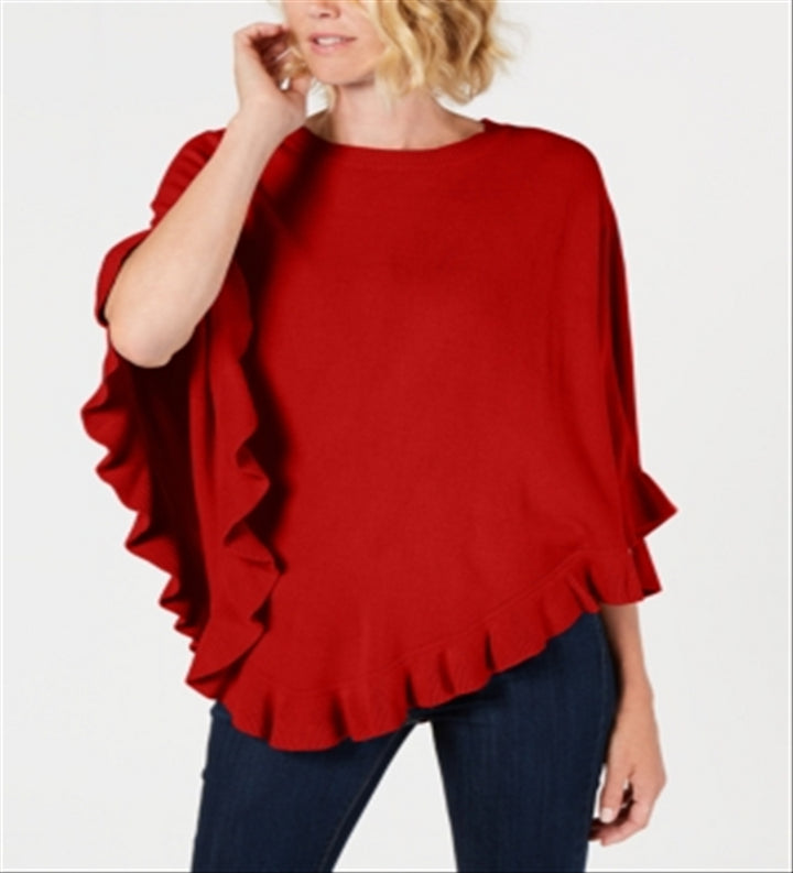 Karen Scott Women's Asymmetric Ruffled Poncho Red Size L/XL