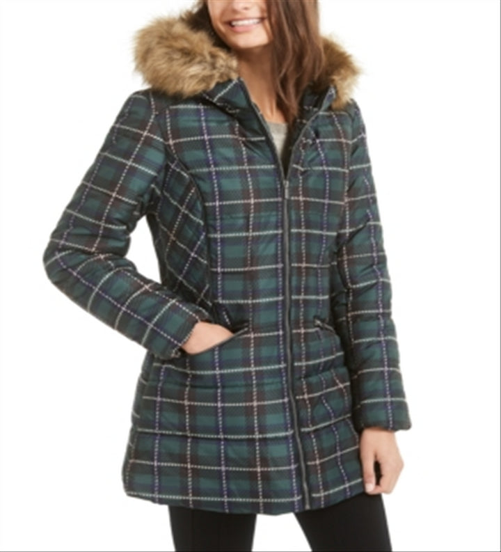 Celebrity Pink Women's Faux Fur Plaid Puffer Coat Green