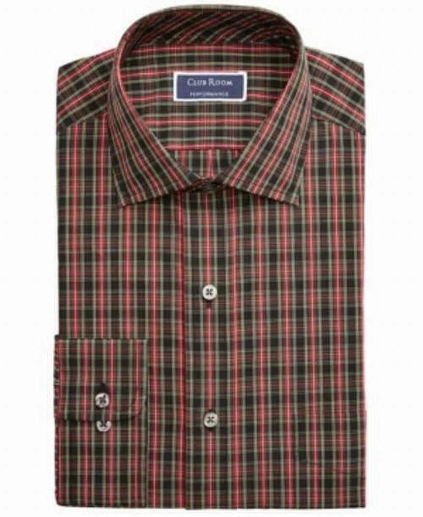 Club Room Men's Classic Regular Fit Stretch Wrinkle Resistant Tartan Dress Shirt Red Size 17