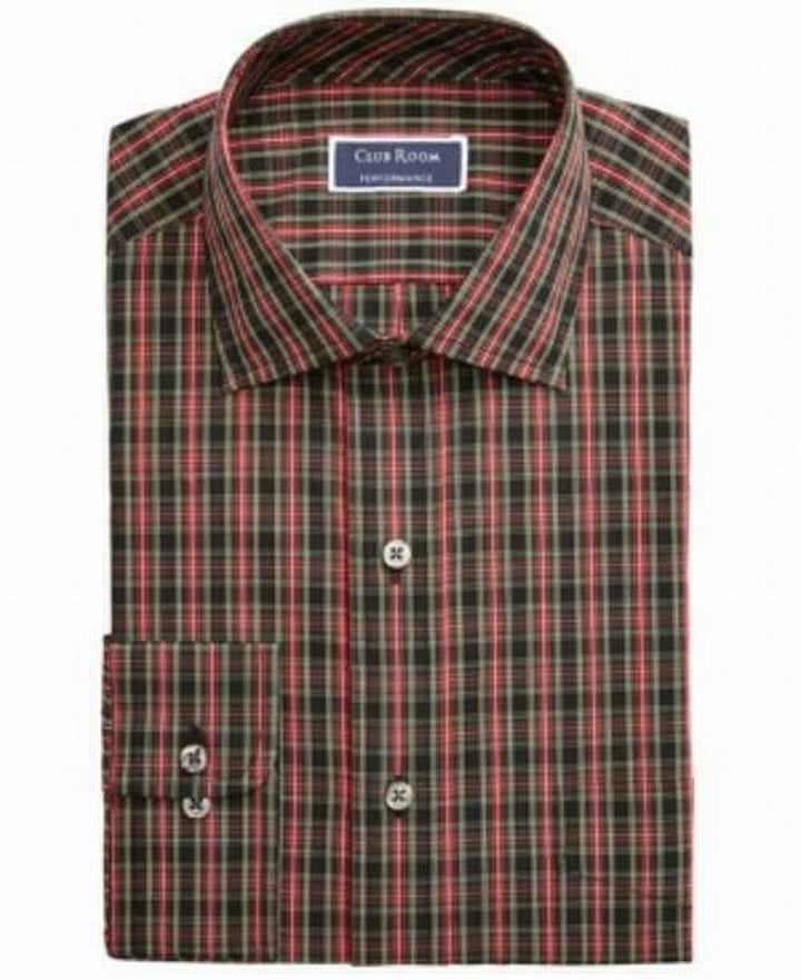 Club Room Men's Classic Regular Fit Stretch Wrinkle Resistant Tartan Dress Shirt Red Size 17