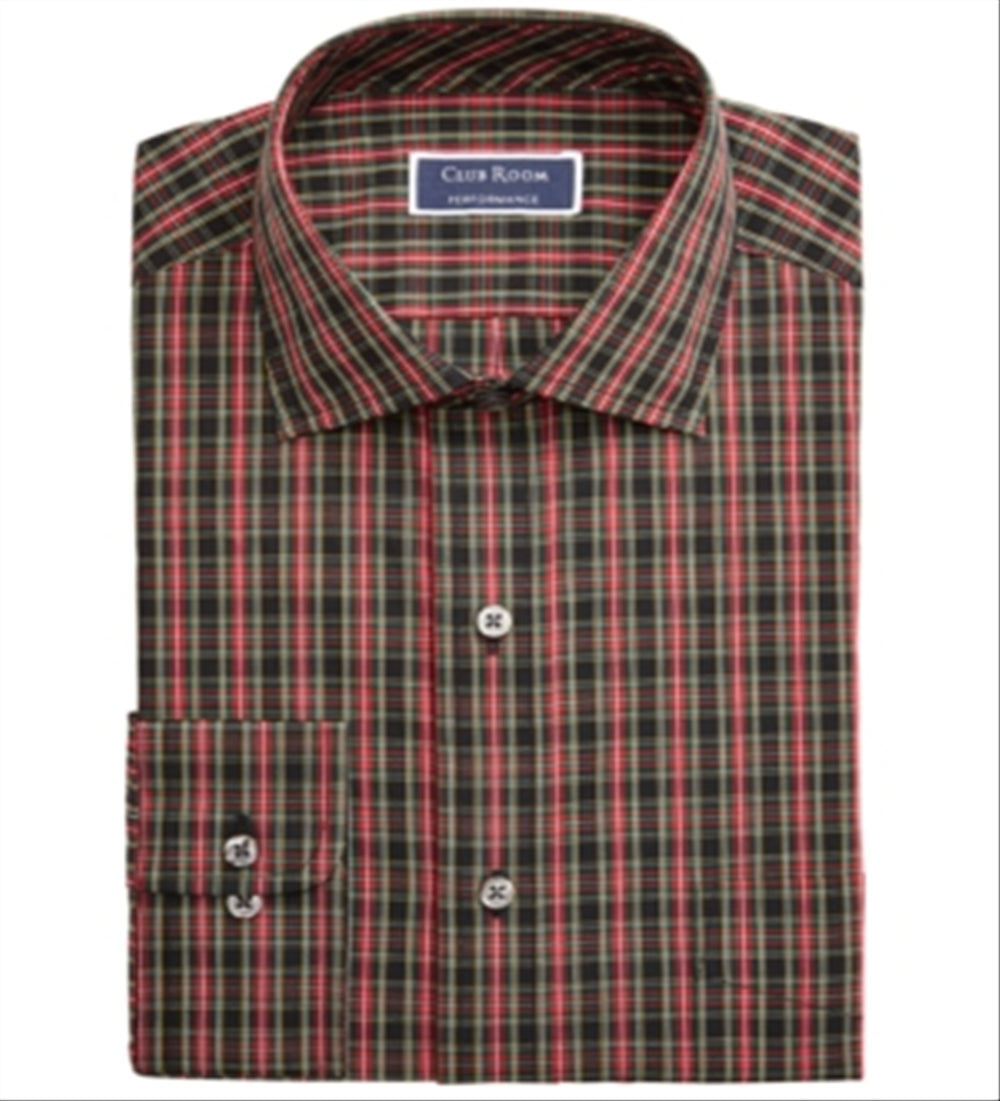 Club Room Men's Classic Regular Fit Stretch Wrinkle Resistant Tartan Dress Shirt Red Size 17