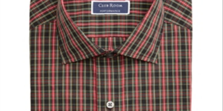 Club Room Men's Classic Regular Fit Stretch Wrinkle Resistant Tartan Dress Shirt Red Size 17