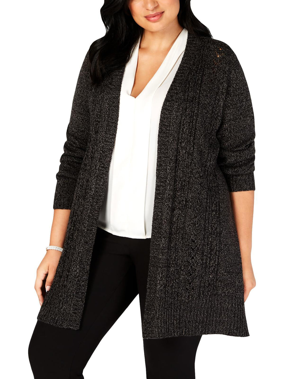 Karen Scott Women's Plus Marled Open Front Cardigan Sweater Black ASH Size 3X