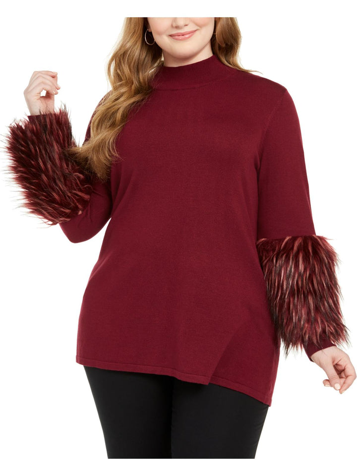 Alfani Women's Plus Faux Fur Cuff Tunic Mock Turtleneck Sweater Red Size 3X