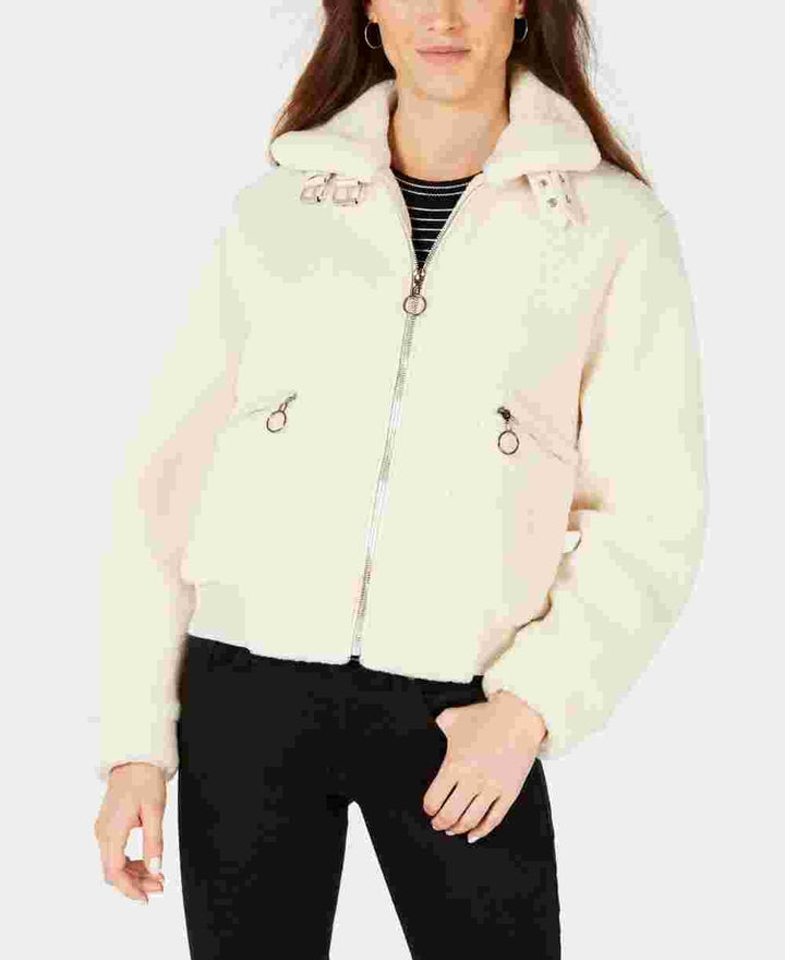 Collection B Junior's Faux Fur Teddy Bomber Jacket White