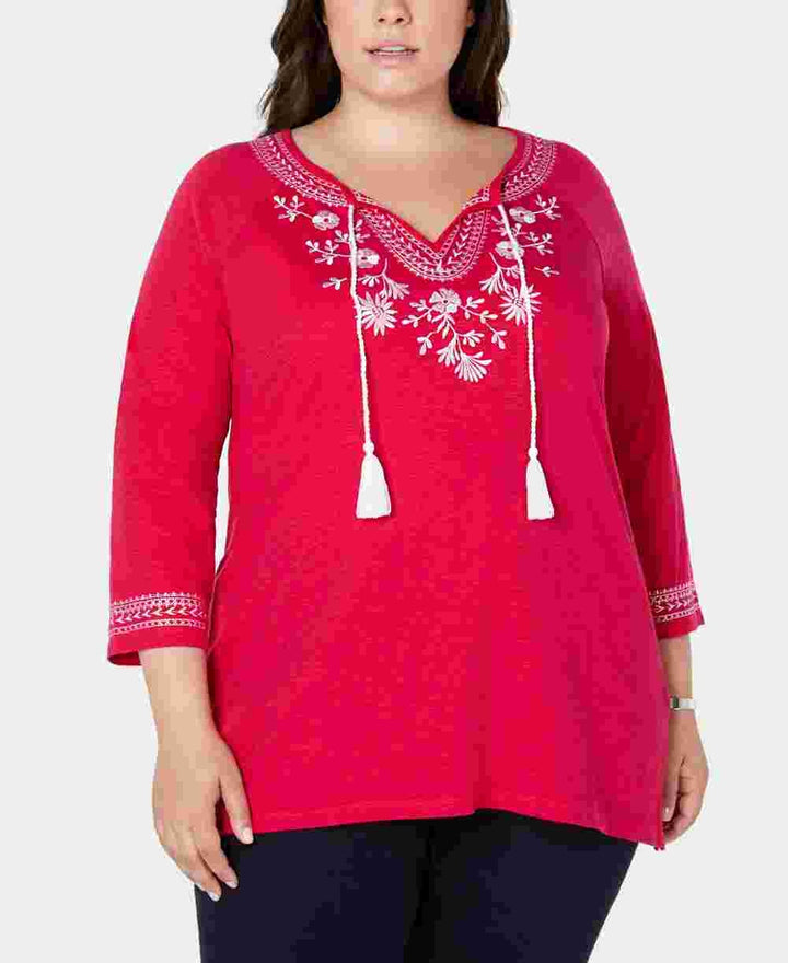 Charter Club Women's Plus Size Cotton Embroidered Peasant Top Pink Size 3X