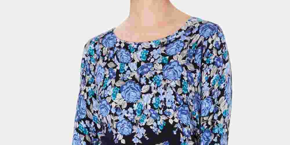 Karen Scott Women's Floral Print Sweater Blue