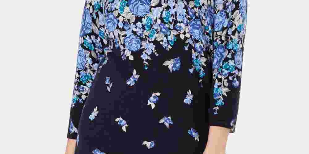 Karen Scott Women's Floral Print Sweater Blue