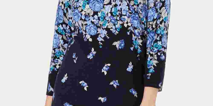 Karen Scott Women's Floral Print Sweater Blue