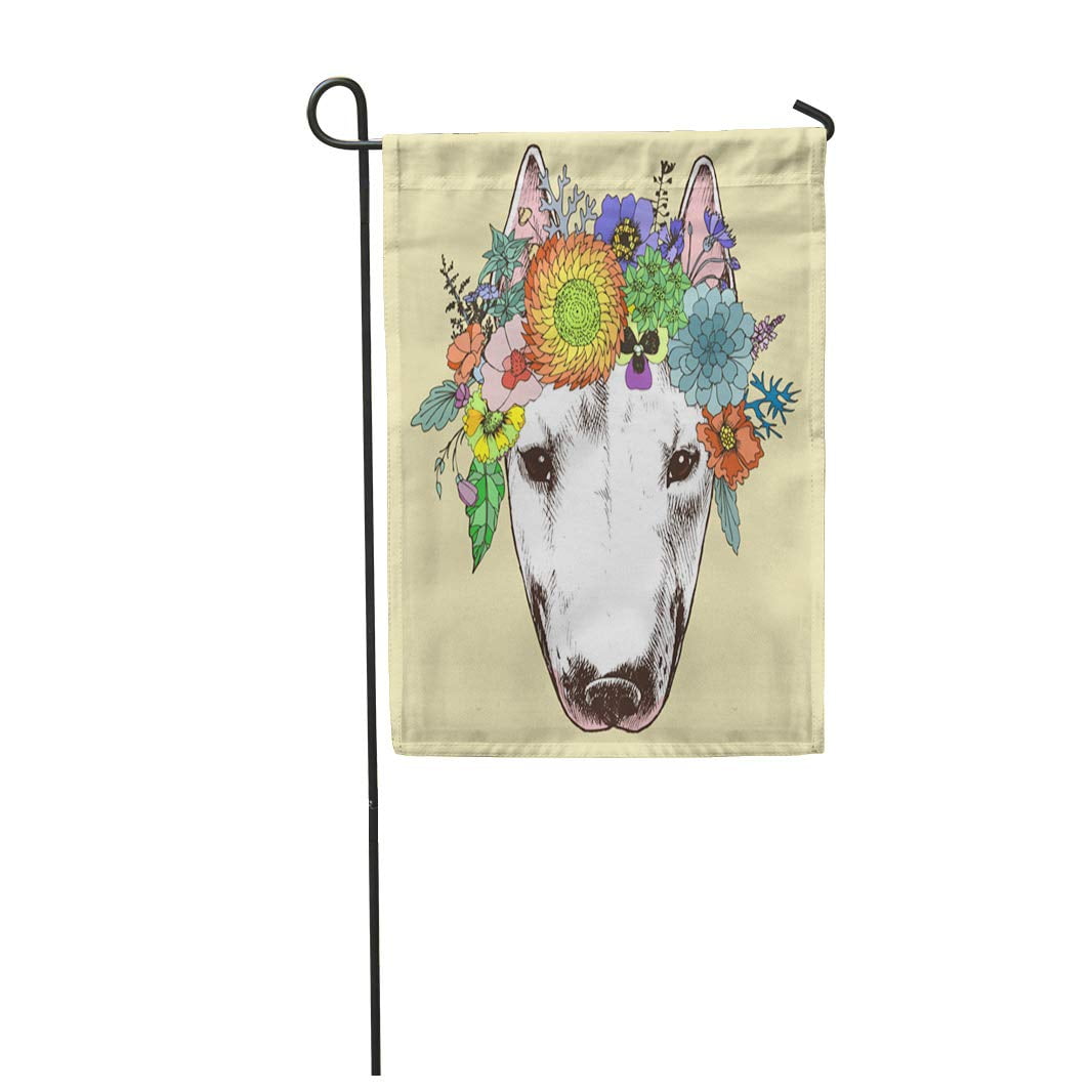 FMSHPON Hippie Bull Terrier in The Floral Wreath Chic Dog Portrait Garden Flag Decorative Flag House Banner 28x40 inch