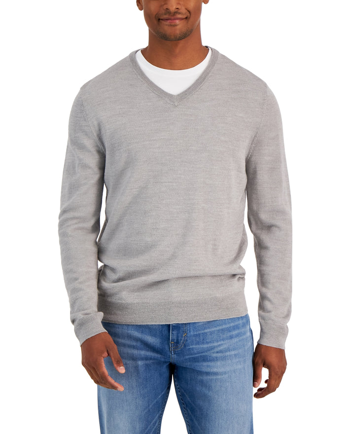 Club Room Men's Solid V Neck Merino Wool Blend Sweater Gray  Size Medium