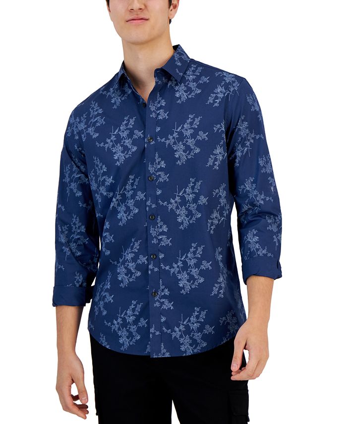 Alfani Men's Dotted Floral Print Button Front Long Sleeve Shirt Blue Size X-Large