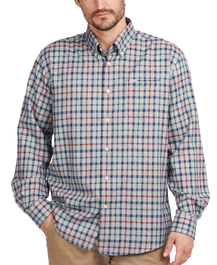 Barbour Men's Tailored Fit Plaid Thermo Tech Button Down Shirt Gray Size Medium