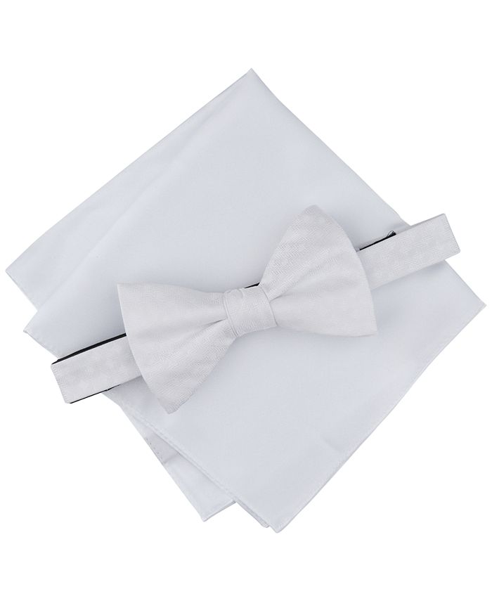 Alfani Men's 2 Pc Pre Tied Herringbone Dot Bow Tie & Solid Pocket Square Set White Size Regular