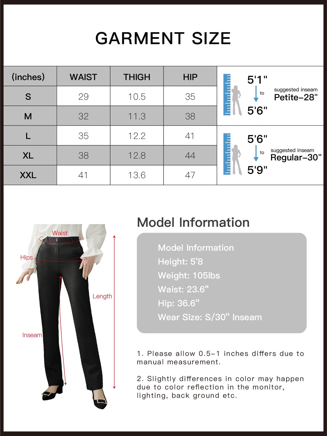 S P Y M Women Stretch Dress Pants Casual Slacks Straight/Wide/Skinny Leg/Bootcut Black Size Petite L