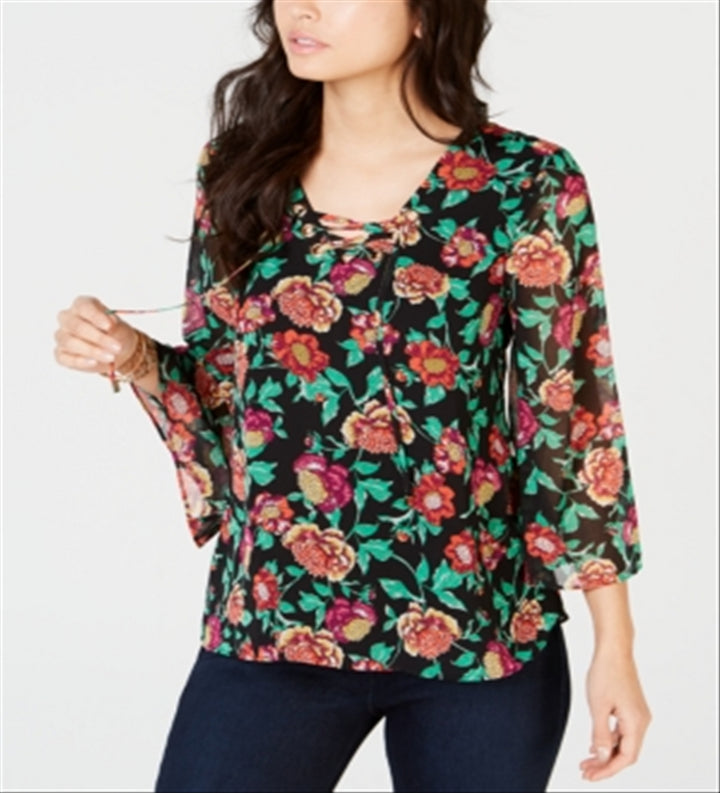 Thalia Sodi Women 3/4 Sleeve V-Neck Lace-Up Printed Top Multi Size S