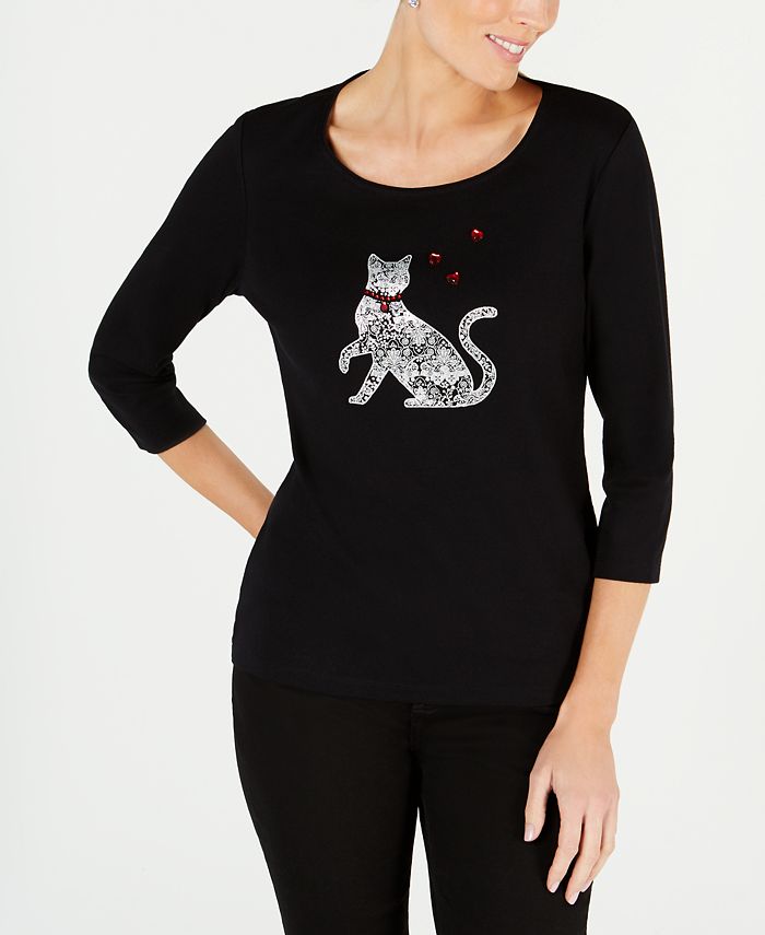 Karen Scott Cotton Embellished Cat-Graphic T-Shirt Black Size S