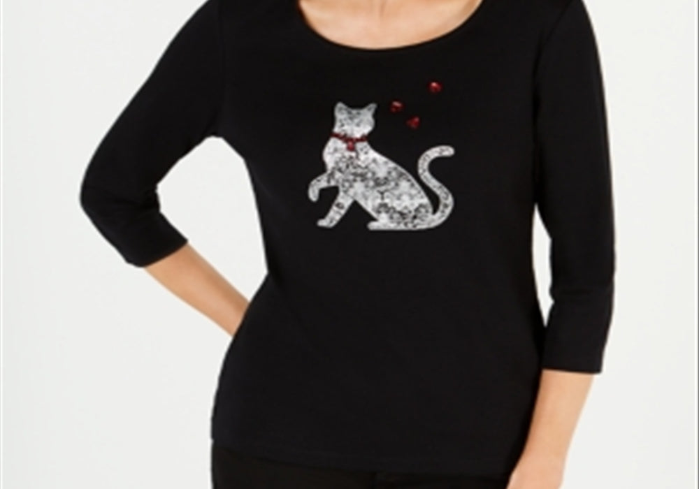 Karen Scott Cotton Embellished Cat-Graphic T-Shirt Black Size S