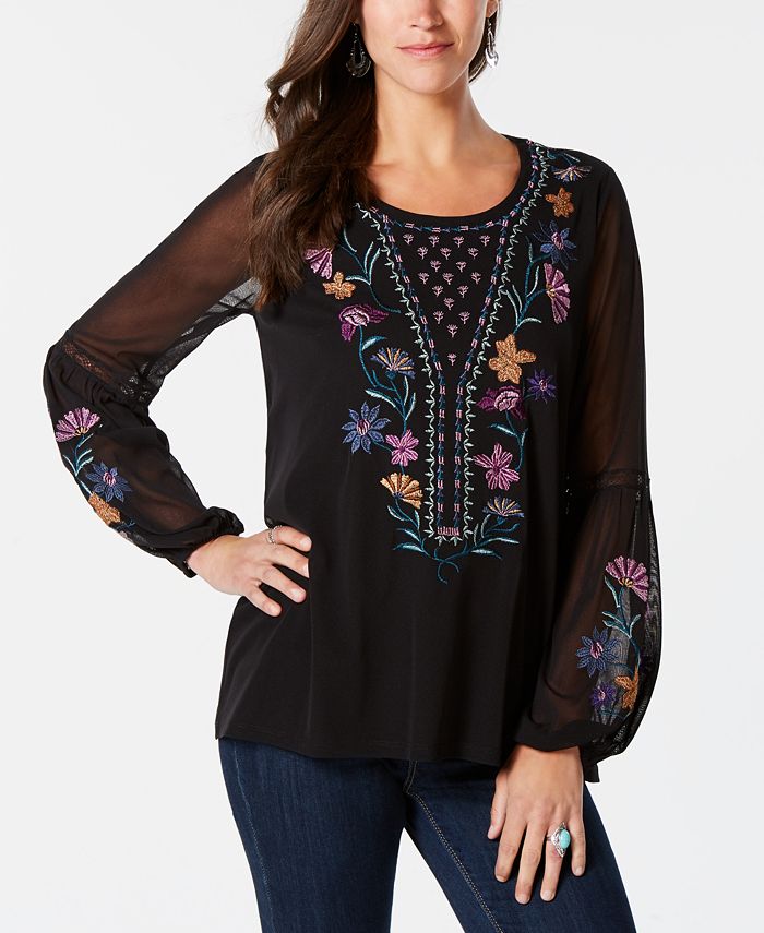 Style & Co Embroidered Blouse Black Size XL