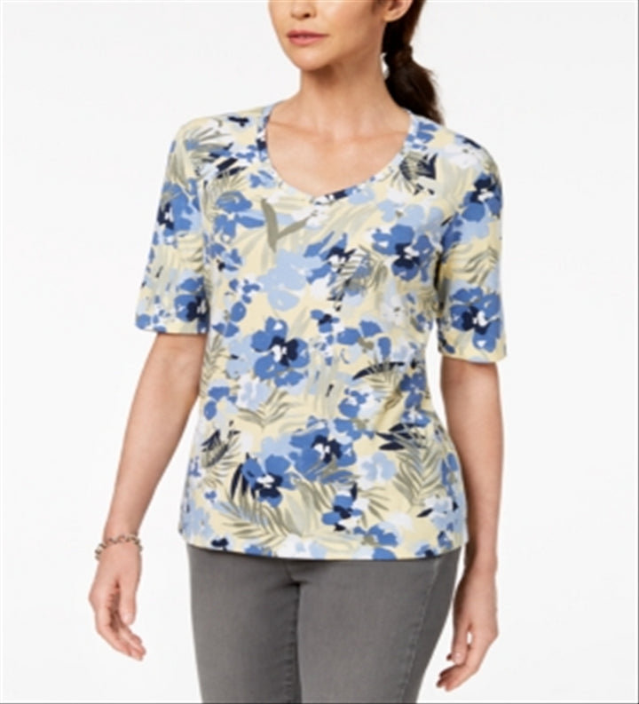 Karen Scott Printed V-Neck Top Blue Size XXL