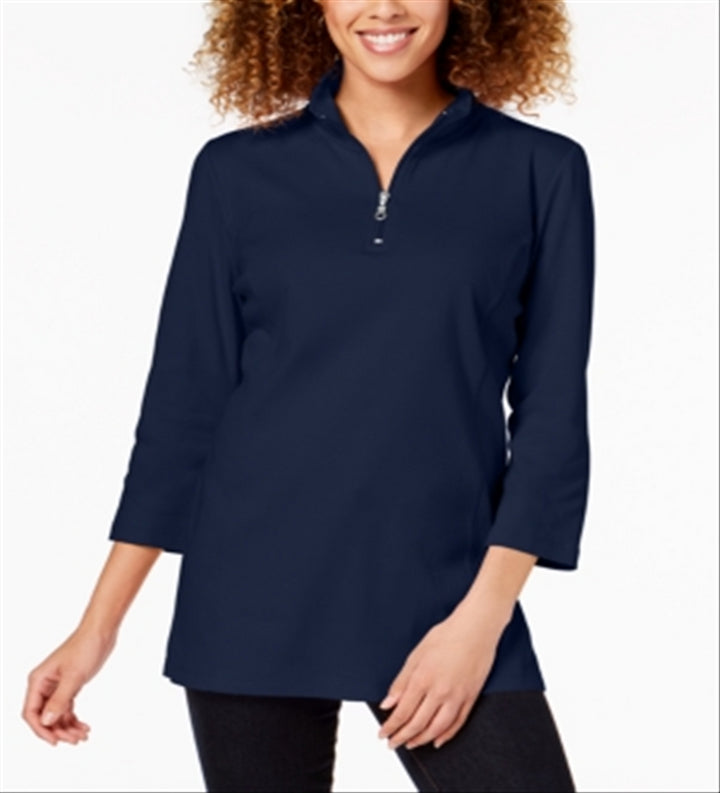 Karen Scott Women's Cotton Half-Zip Mock-Neck Top Navy Size S