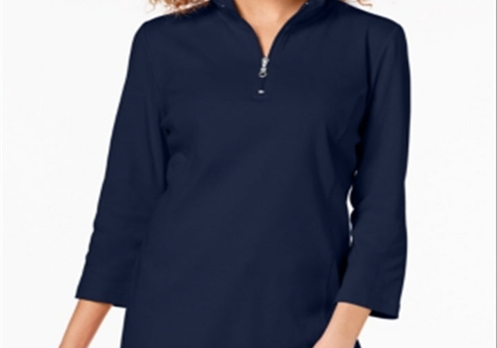 Karen Scott Women's Cotton Half-Zip Mock-Neck Top Navy Size S