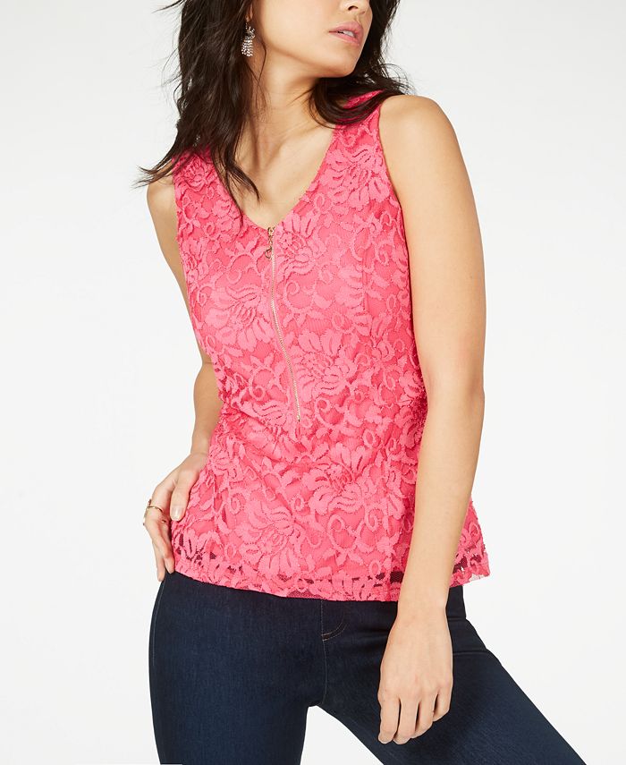 Thalia Sodi Lace Zipper-Front Top Pink Size XS