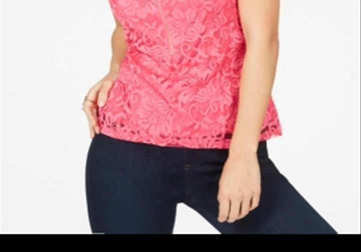 Thalia Sodi Lace Zipper-Front Top Pink Size XS