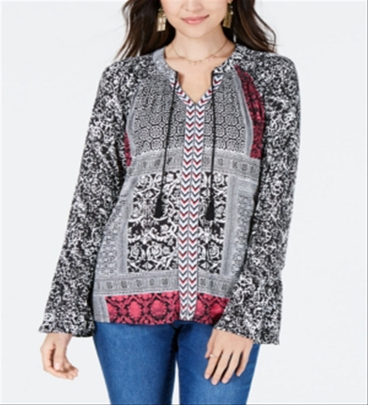 Style & Co Petite Printed Bell-Sleeve Peasant Top Multi Size P/M