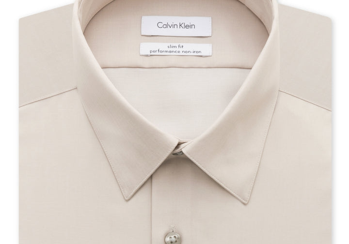 Calvin Klein Steel Men's Slim Fit Non Iron Performance Herringbone Point Collar Dress Shirt Brown Size 16.5X32-33