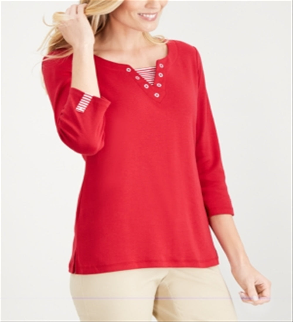 Karen Scott Women's Knit Striped Grommet V Neck Red Size X-Large
