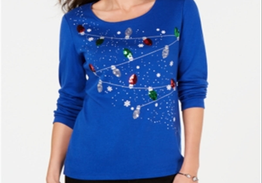 Karen Scott Women's Cotton Holiday Lights Sequin Top Blue Size X-Large