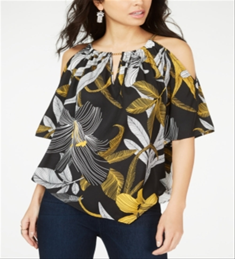 Thalia Sodi Women's Printed Cold Shoulder Top Black Size Medium