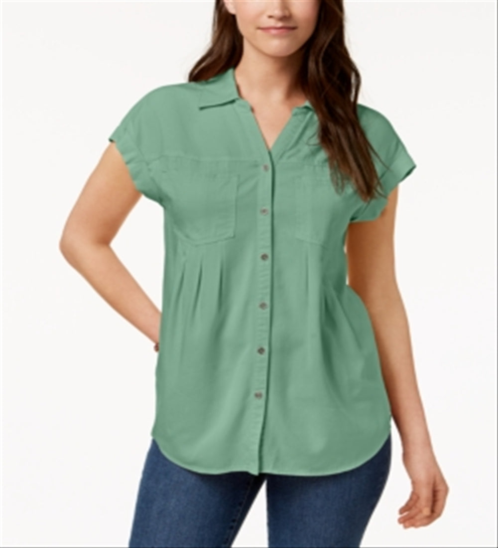 Style & Co Women's Pleated Cuffed Sleeve Top Green Size Large